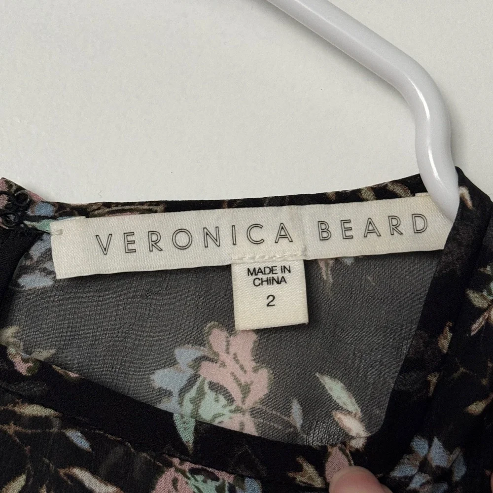 VERONICA BEARD Thompson Floral 100% Silk Ruffle Blouse Top Black Size 2 - Picture 3 of 10